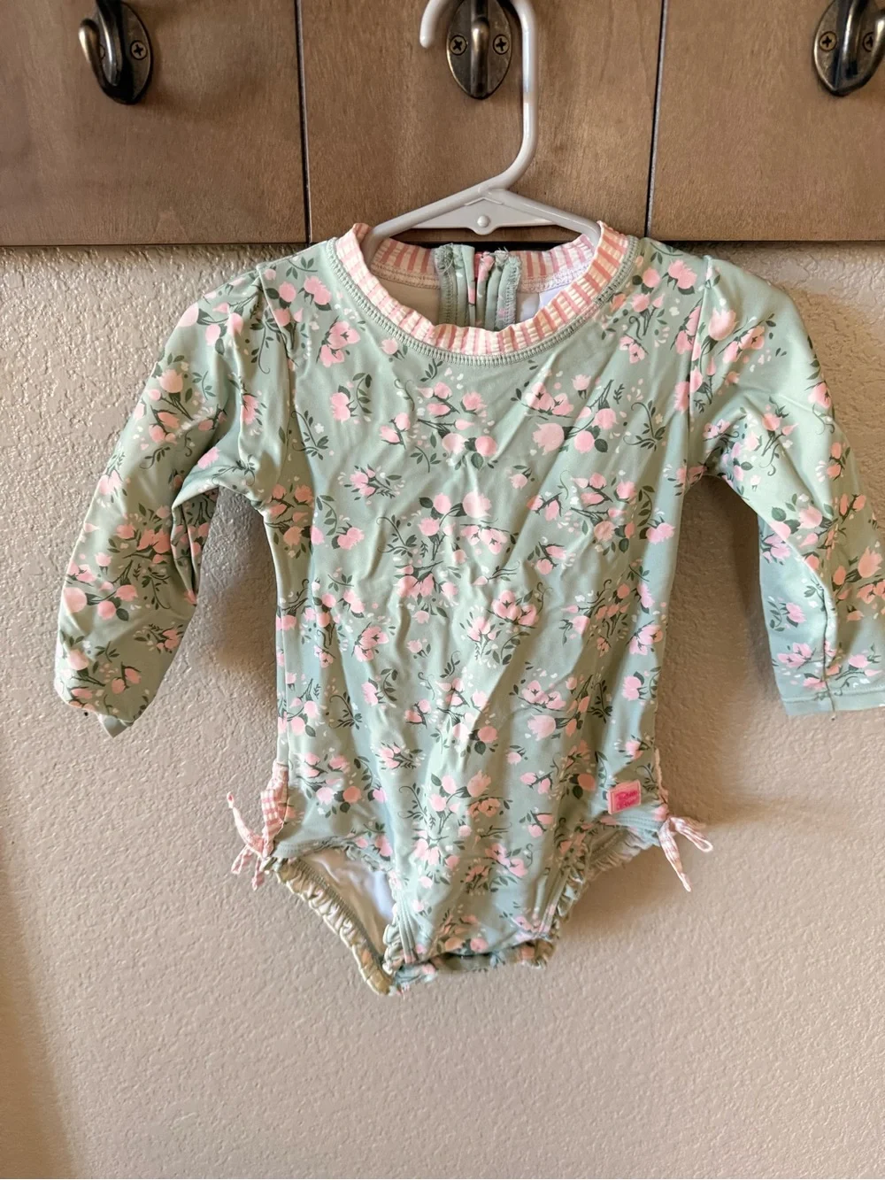 Ruffle Butts Mint Green and Pink Floral Long-Sleeve One-Piece